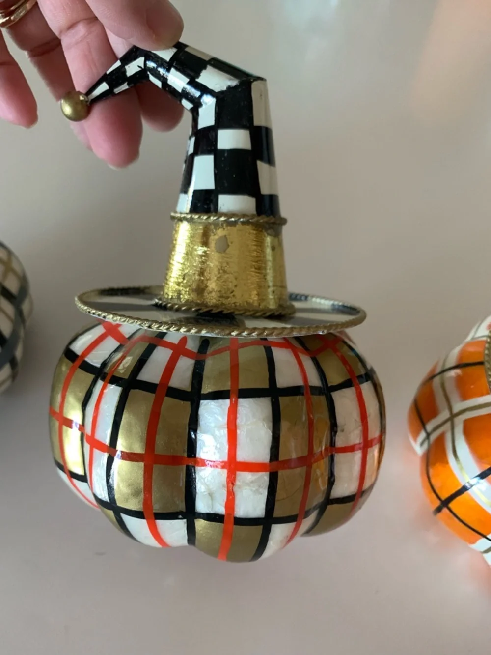 MacKenzie Childs mini pumpkin trio with witch hats